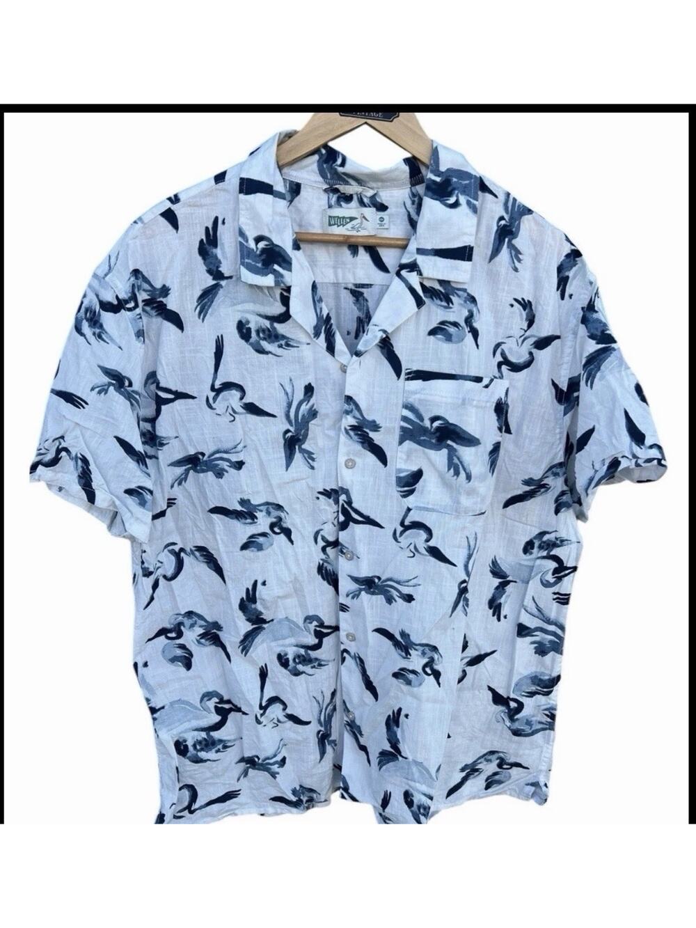Wellen Hawaiian Shirt XXL Pelican Print Blue White Organic Cotton Aloha Tropical